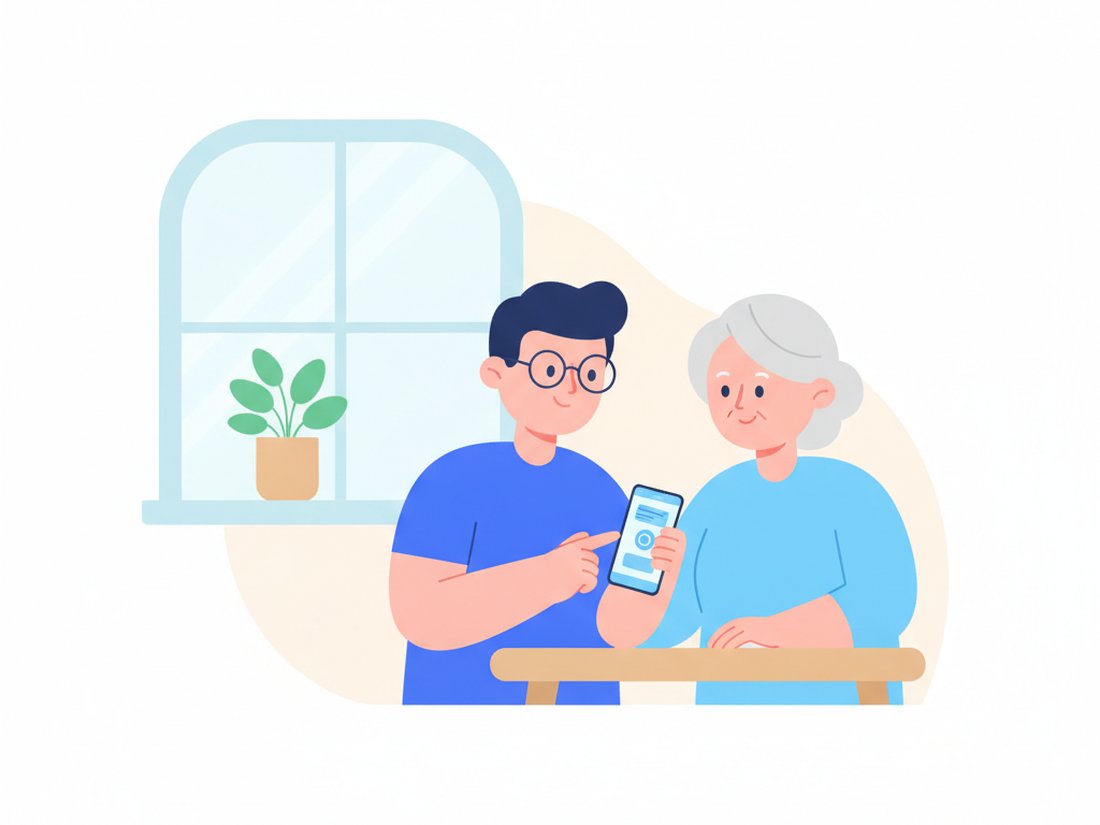 自宅でシニアの方にスマートフォンの使い方をやさしく教えている様子のイラスト